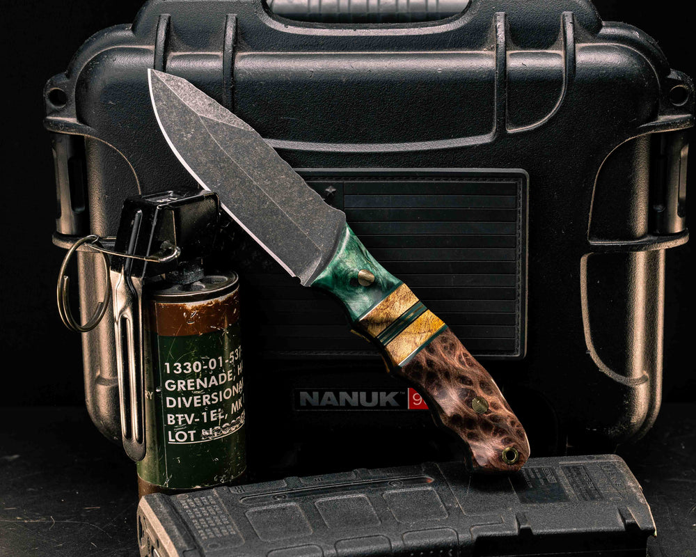 Disaster Jr- Dyed Redwood, Forest Green G10 and Brass Pin Striping, Dyed Maple Split, Redwood Burl, Brass Pins, Brass Lanyard Pin, Textured Grip