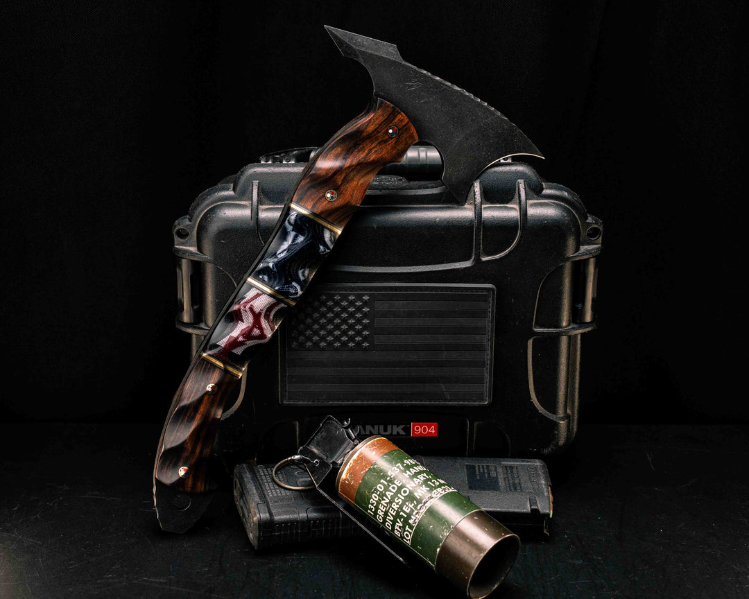 Crescent Hawk- Desert Ironwood, Black G10 and Brass Pin Striping, American Flag Micarta Over Black Canvas Micarta Split, Patriot Mosaic Pins, Textured Grip