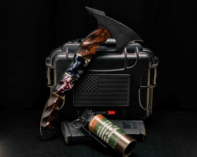 Crescent Hawk- Desert Ironwood, Black G10 and Brass Pin Striping, American Flag Micarta Over Black Canvas Micarta Split, Patriot Mosaic Pins, Textured Grip
