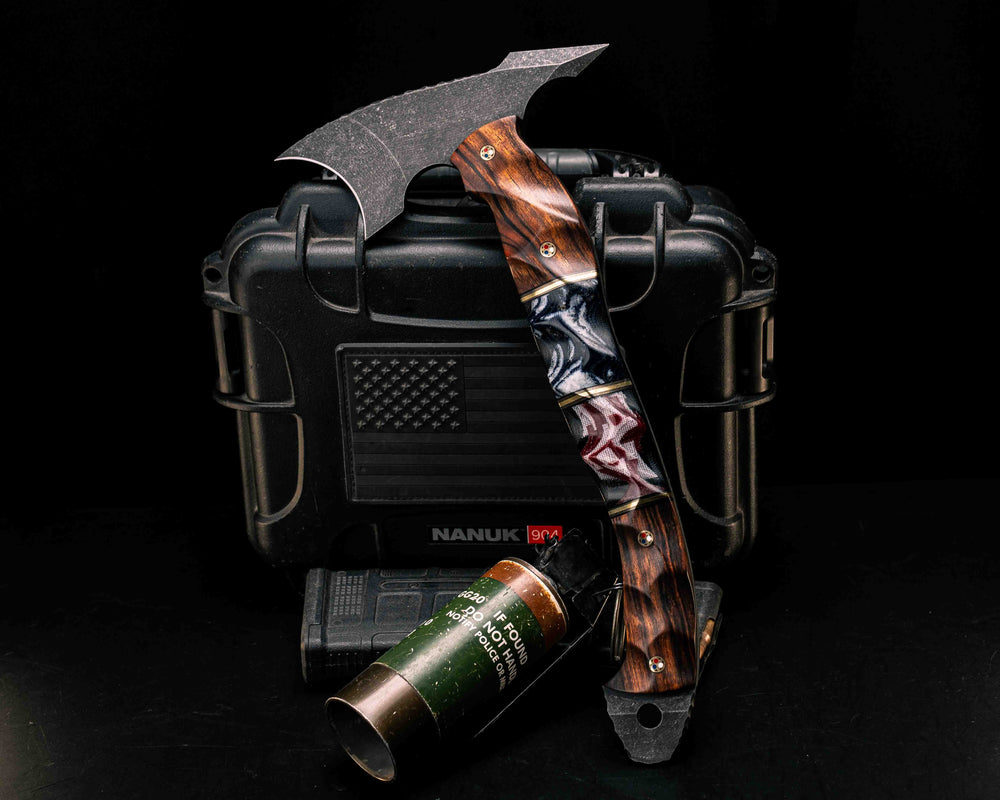 Crescent Hawk- Desert Ironwood, Black G10 and Brass Pin Striping, American Flag Micarta Over Black Canvas Micarta Split, Patriot Mosaic Pins, Textured Grip