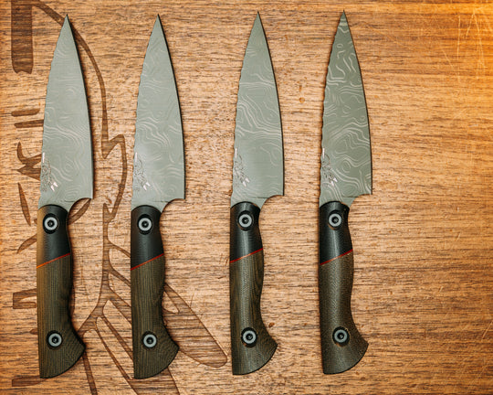 Steak Knife Set (4 piece)- Black G10, Natural Canvas Micarta Split, OD Green Canvas Micarta, OD Green Topography Cerakote, Allen Bolts, Smooth Grip