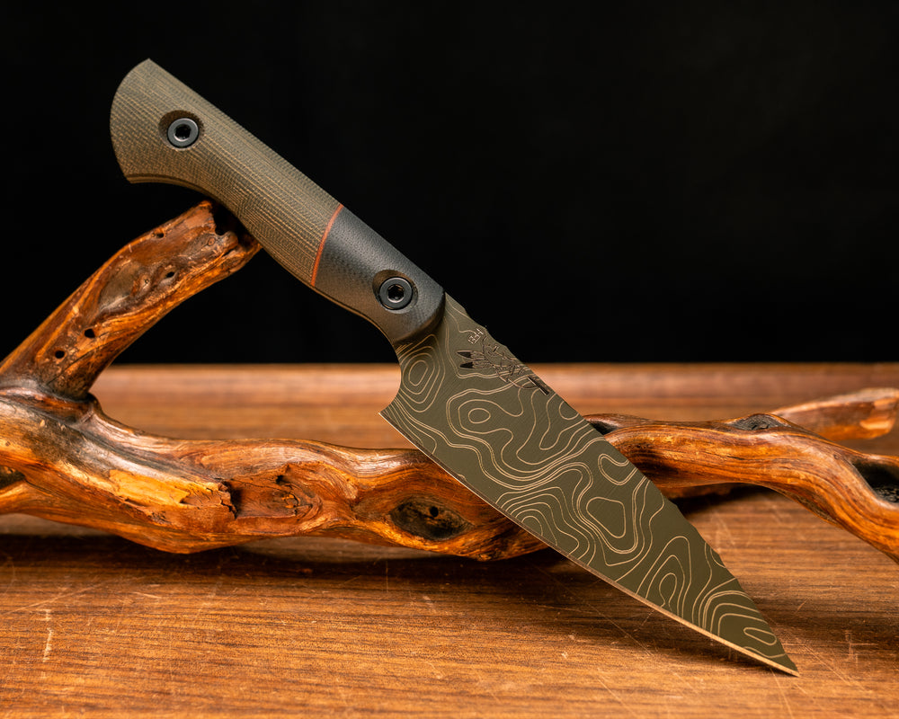 Steak Knife Set (4 piece)- Black G10, Natural Canvas Micarta Split, OD Green Canvas Micarta, OD Green Topography Cerakote, Allen Bolts, Smooth Grip