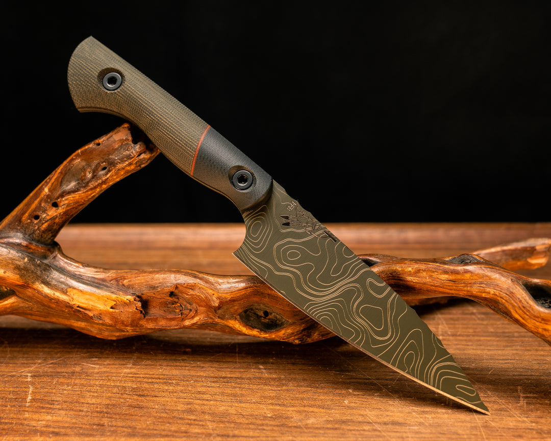 Steak Knife Set (4 piece)- Black G10, Natural Canvas Micarta Split, OD Green Canvas Micarta, OD Green Topography Cerakote, Allen Bolts, Smooth Grip