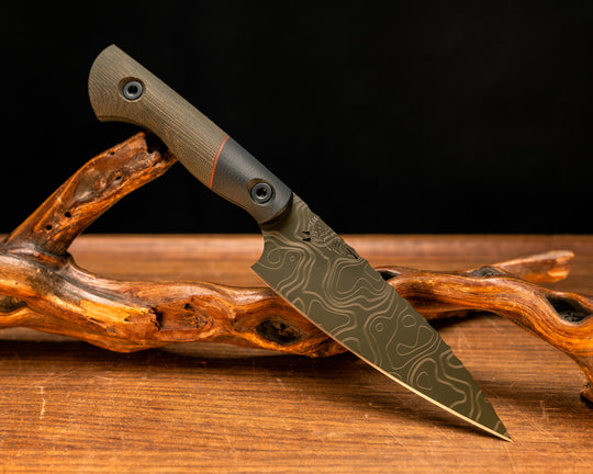 Steak Knife Set (4 piece)- Black G10, Natural Canvas Micarta Split, OD Green Canvas Micarta, OD Green Topography Cerakote, Allen Bolts, Smooth Grip