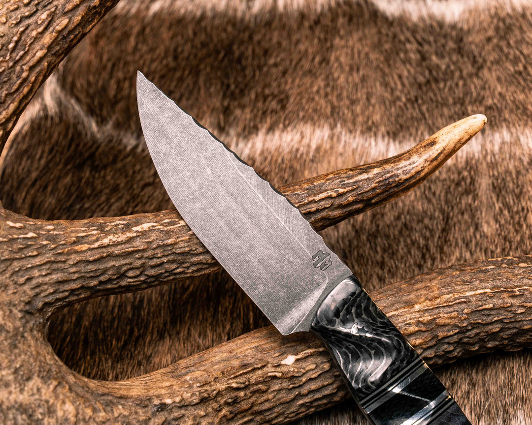 Feather Light- Silver Dragon Strike Carbon, Black G10, Grey G10, Aluminum and Black Canvas Micarta Split, Dyed Maple, Mosaic Pins, Aluminum Lanyard Pin, Textured Grip