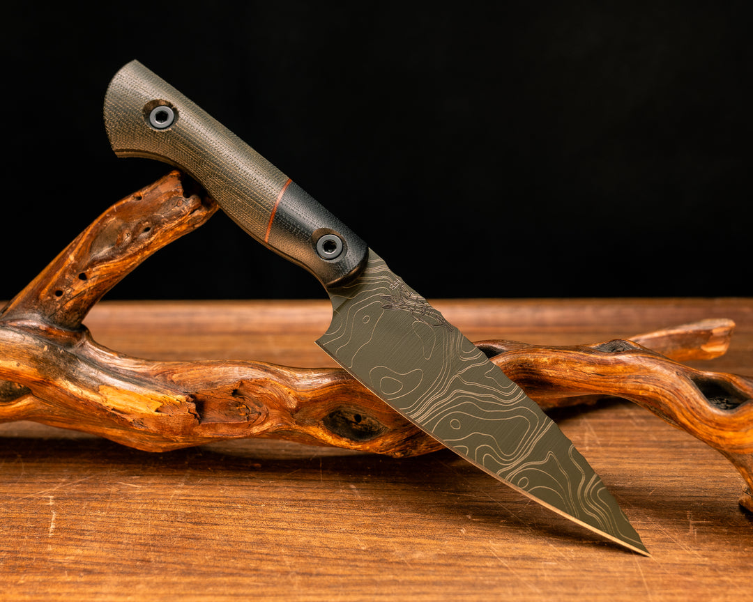 Steak Knife Set (4 piece)- Black G10, Natural Canvas Micarta Split, OD Green Canvas Micarta, OD Green Topography Cerakote, Allen Bolts, Smooth Grip