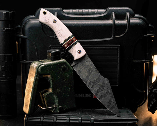 Widow Maker - Elk Antler, Black G10 and Brass Pin Striping, Blue Canvas Micarta, Fire Canvas Micarta and Natural Canvas Micarta Split, Patriot Mosaic Pins, Brass Lanyard Pin, Textured Grip