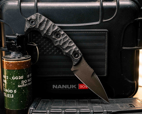 3" HUMINT- Black Burlap Micarta, Midnight Bronze Cerakote, Allen Bolts, Textured Grip