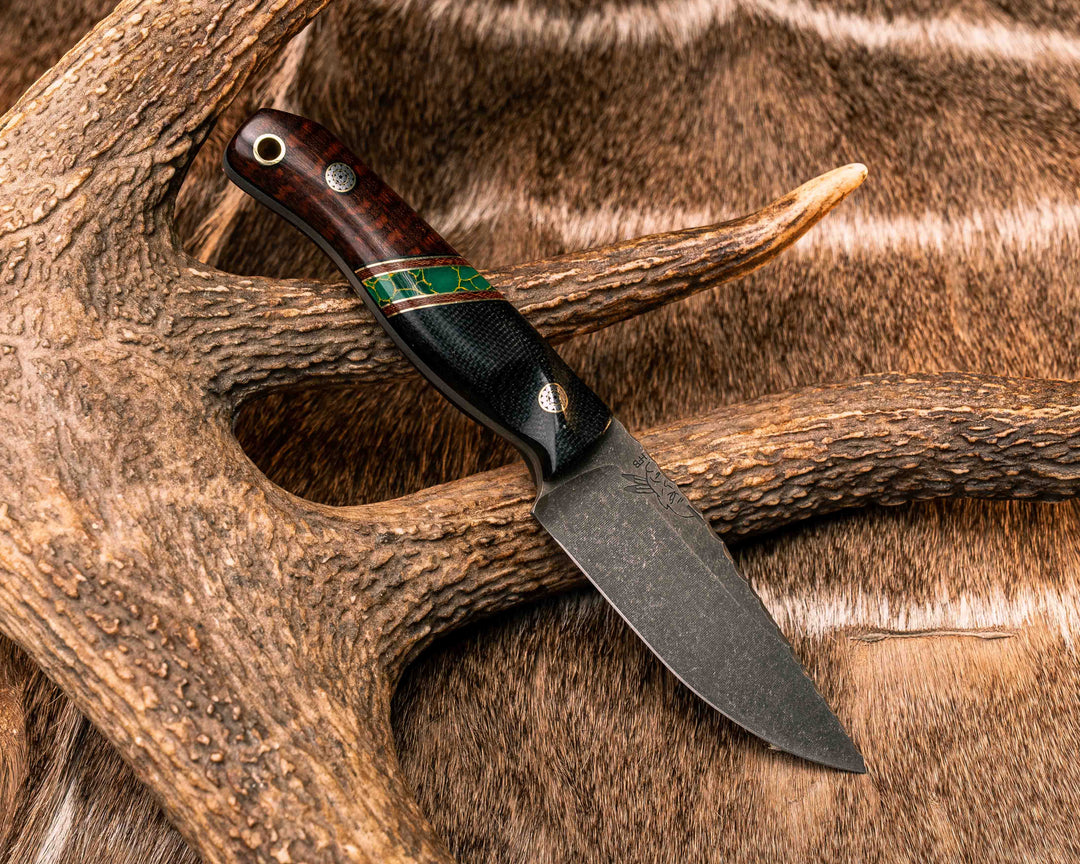 Feather Light- Black Canvas Micarta, Black G10, Brass and Brown Canvas Micarta Pin Striping, Arizona Jade Tru-stone Split, Mosaic Pins, Brass Lanyard Pin, Textured Grip