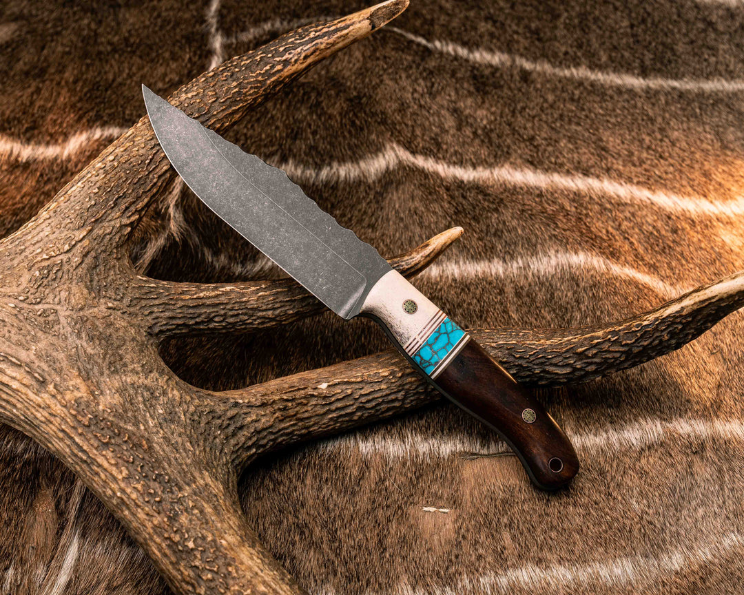 Crow Scout- Elk Antler, White G10 and Copper Pin Striping, Turquoise with Copper Web Tru-stone Split, Desert Ironwood, Mosaic Pins, Smooth Grip