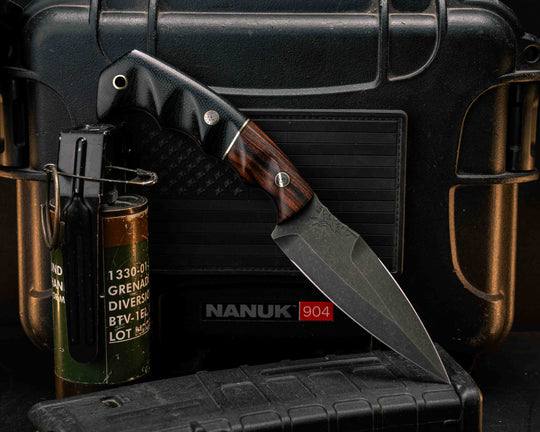 4" HUMINT- Desert Ironwood, Black G10 and Brass Split, Black Canvas Micarta, Mosaic Pins, Brass Lanyard Pin, Textured Grip