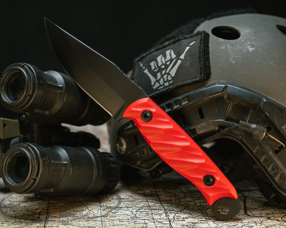 Crow Jr- Cherry Red G10, Armor Black Cerakote, Allen Bolts, Iron Grip