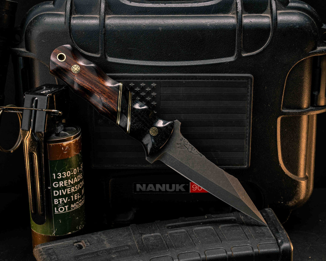 Combat Dirt Nap- Black Burlap Micarta, Black G10 and Brass Pin Striping, Black Burlap Micarta Split, Desert Ironwood, Mosaic Pins, Brass Lanyard Pin, Textured Grip