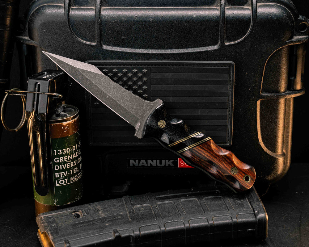 Combat Dirt Nap- Black Burlap Micarta, Black G10 and Brass Pin Striping, Black Burlap Micarta Split, Desert Ironwood, Mosaic Pins, Brass Lanyard Pin, Textured Grip