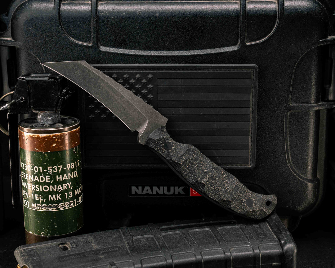 Draugr- Black Burlap Micarta, CF Pins, CF Lanyard Pin, Textured Grip