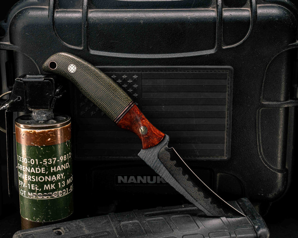 Draugr- Amboyna Burl, Black G10 and Copper Split, OD Green Canvas Micarta, Mosaic Pins, Copper Lanyard Pin, Textured Grip