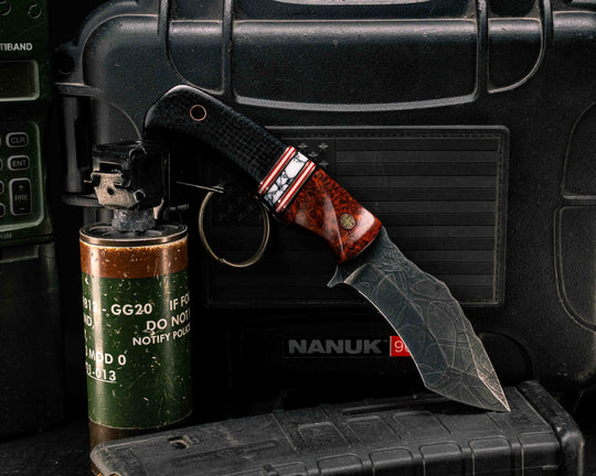 Buteo- Amboyna Burl, Black G10, Copper, White G10 and Cherry G10 Pin Striping, White Turquoise Tru-stone Split, Black Burlap Micarta, Mosaic Pin, Copper Lanyard Pin, Textured Grip