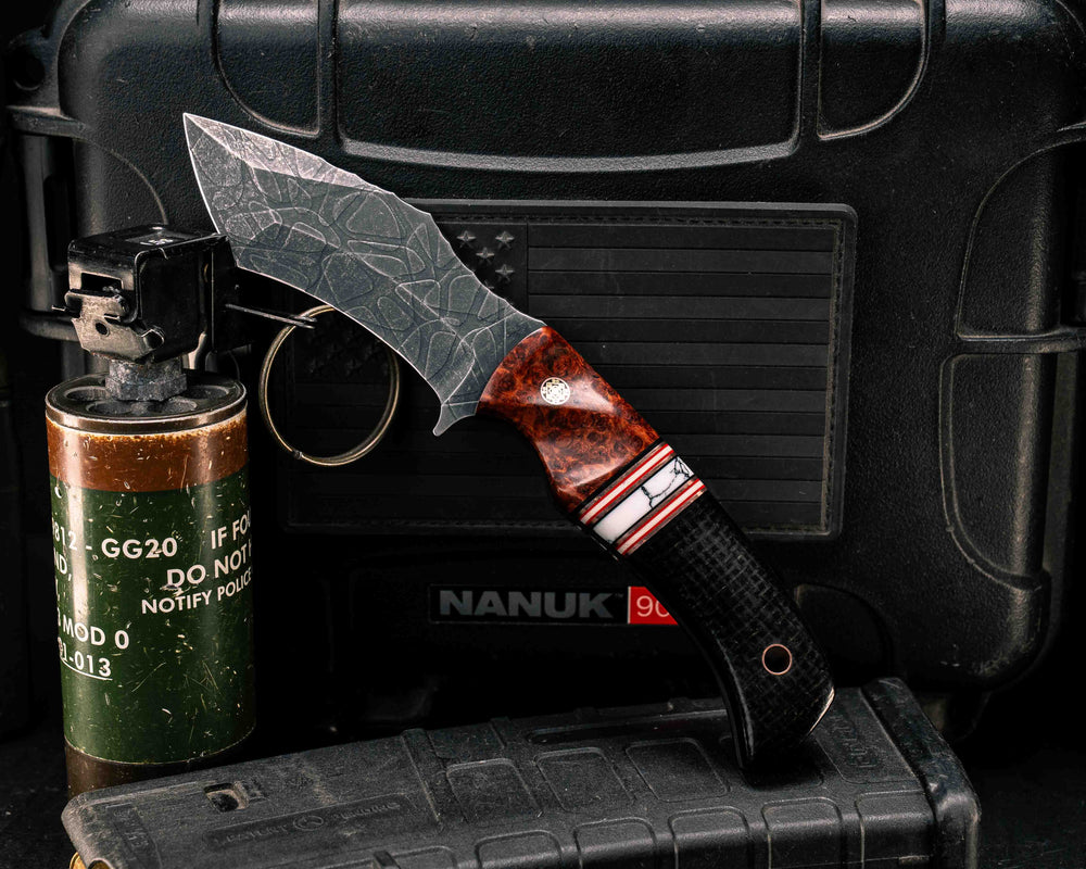 Buteo- Amboyna Burl, Black G10, Copper, White G10 and Cherry G10 Pin Striping, White Turquoise Tru-stone Split, Black Burlap Micarta, Mosaic Pin, Copper Lanyard Pin, Textured Grip