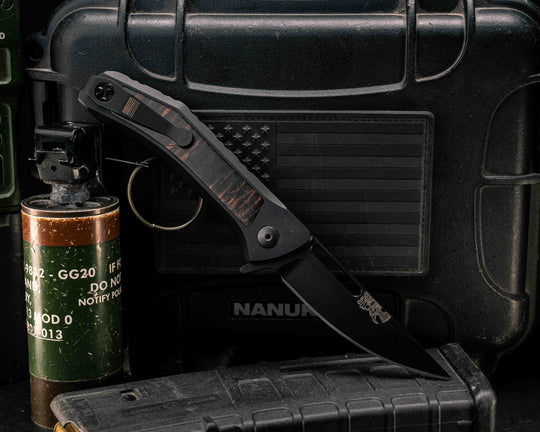 Custom Kwaiken Folder -  Hawaiian Curly Koa, Anodized Black Handle, Black Nitride Blade, Textured Grip, Deep Carry Pocket Clip
