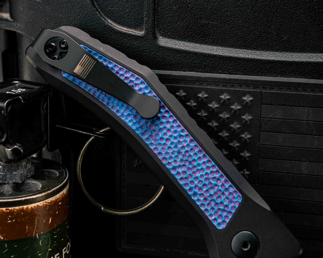 Custom Kwaiken Folder -  Damtanium CamoQuartz, Anodized Black Handle, Black Nitride Blade, Textured Grip, Deep Carry Pocket Clip
