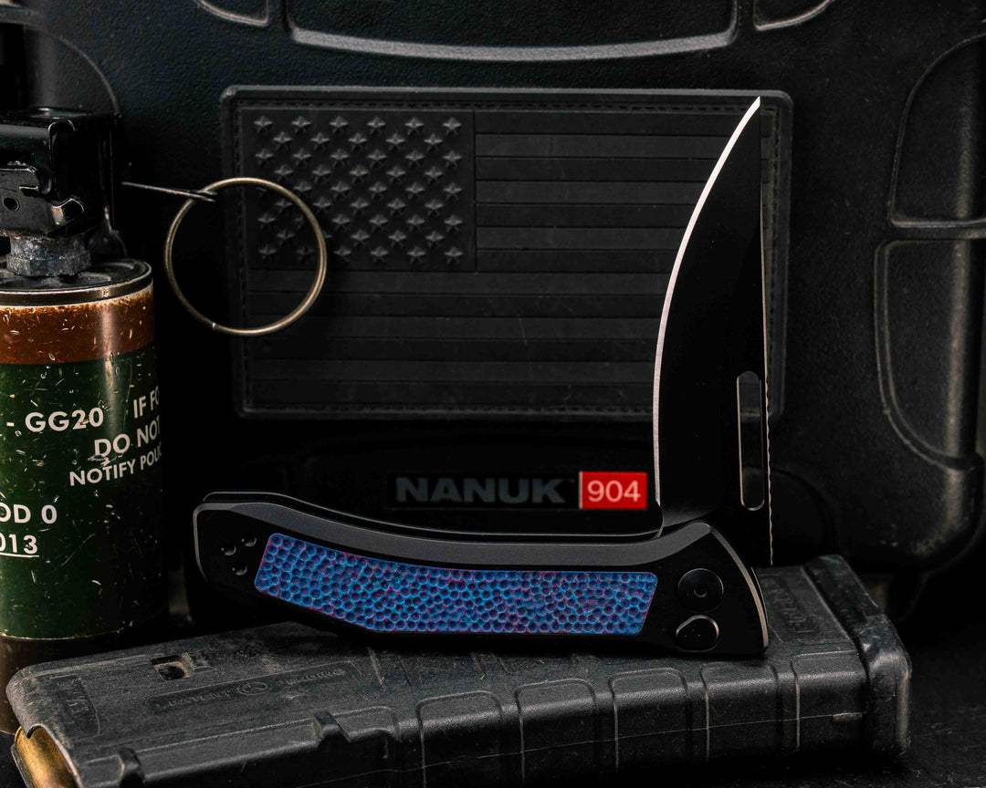 Custom Kwaiken Folder -  Damtanium CamoQuartz, Anodized Black Handle, Black Nitride Blade, Textured Grip, Deep Carry Pocket Clip