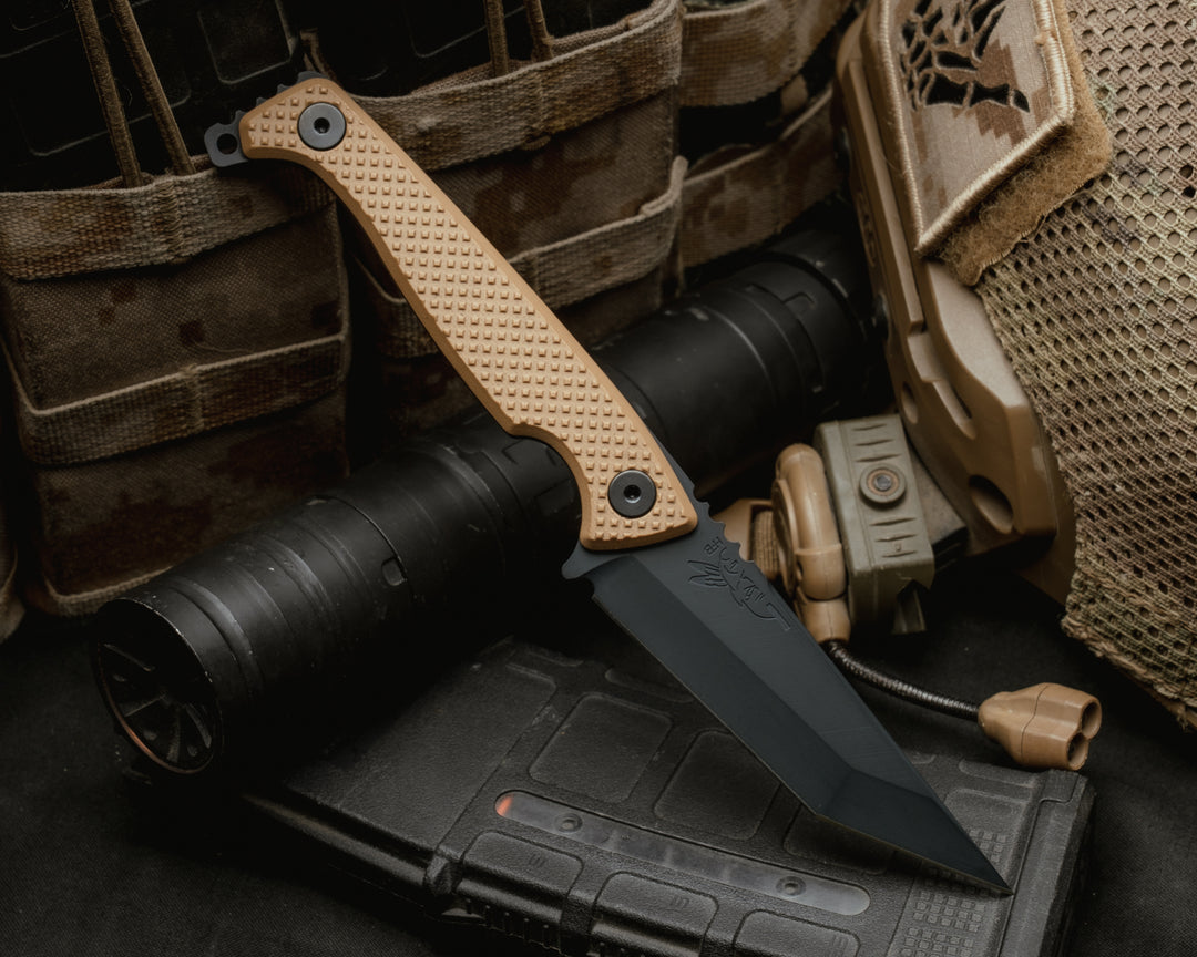 SHAW SHIV x HFB- Magpul stealth grey cerakote, Coyote Tan G10, Black Allen Bolts, Knurling Grip