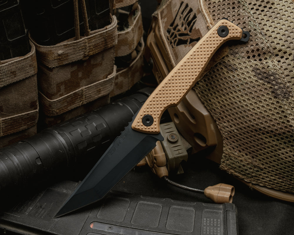 SHAW SHIV x HFB- Magpul stealth grey cerakote, Coyote Tan G10, Black Allen Bolts, Knurling Grip