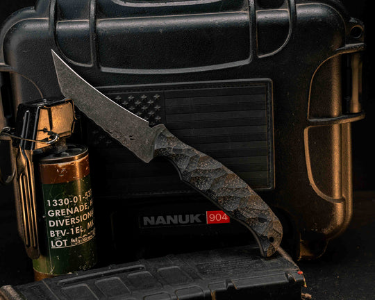 Draugr- Black Burlap Micarta, CF Pins, CF Lanyard Pin, Textured Grip, Rock Worked Blade