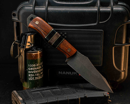 Field Knife - Desert Ironwood, Black G10 and Brass Pin Striping, Black Canvas Micarta and Brown Burlap Micarta Split, Mosaic Pins, Smooth Grip