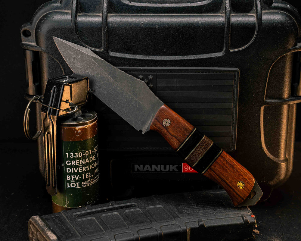 Field Knife - Desert Ironwood, Black G10 and Brass Pin Striping, Black Canvas Micarta and Brown Burlap Micarta Split, Mosaic Pins, Smooth Grip