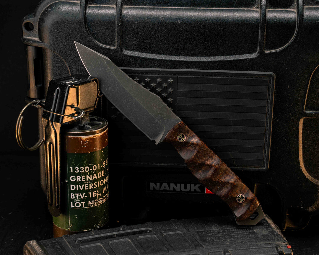 Field Knife Jr- Hawaiian Curly Koa, Mosaic Pins, Textured Grip