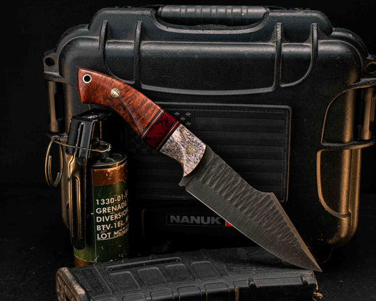Widow Maker - Elk Antler, Black G10, Cherry G10 and Brass Pin Striping, Bloody Basin Tru-stone Split, Afzelia Burl, Mosaic Pins, Brass Lanyard Pin, Textured Grip