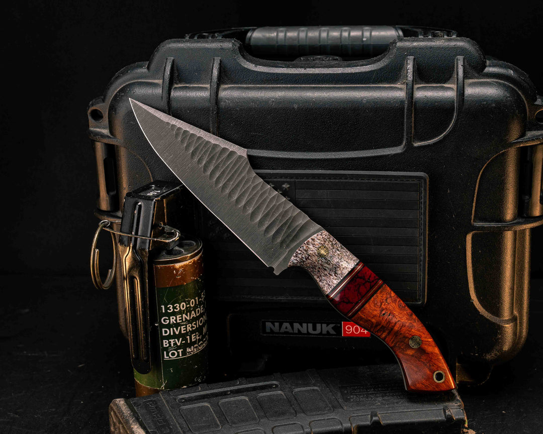 Widow Maker - Elk Antler, Black G10, Cherry G10 and Brass Pin Striping, Bloody Basin Tru-stone Split, Afzelia Burl, Mosaic Pins, Brass Lanyard Pin, Textured Grip