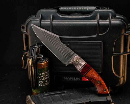 Widow Maker - Elk Antler, Black G10, Cherry G10 and Brass Pin Striping, Bloody Basin Tru-stone Split, Afzelia Burl, Mosaic Pins, Brass Lanyard Pin, Textured Grip