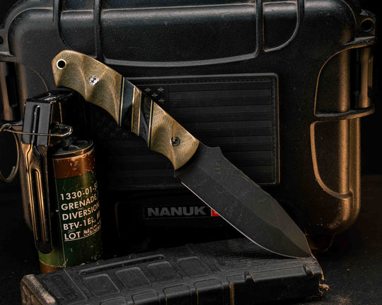 Disaster Jr- Olive Green Canvas Micarta, Black G10 and Brass Pin Striping, Black Canvas Micarta and Olive Green Canvas Micarta Split, Mosaic Pins, Brass Lanyard Pin, Textured Grip