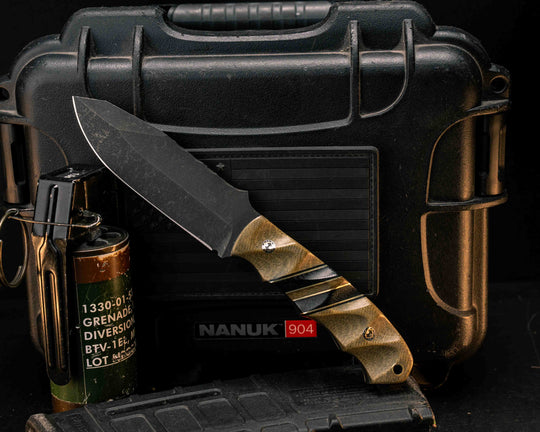 Disaster Jr- Olive Green Canvas Micarta, Black G10 and Brass Pin Striping, Black Canvas Micarta and Olive Green Canvas Micarta Split, Mosaic Pins, Brass Lanyard Pin, Textured Grip