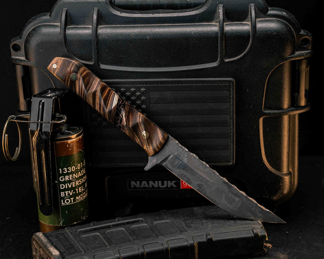 Kwaiken FC- Hawaiian Curly Koa, Black G10 and Copper Pin Striping, Black with Copper Web Tru-stone Split, Mosaic Pins, Textured Grip