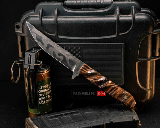 Kwaiken FC- Hawaiian Curly Koa, Black G10 and Copper Pin Striping, Black with Copper Web Tru-stone Split, Mosaic Pins, Textured Grip