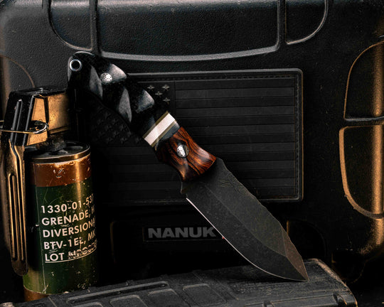 Disaster Cub- Desert Ironwood,Black Canvas Micarta, OD Green G10 and White G10 Split, Black Burlap Micarta, Mosaic Pins, Aluminum Lanyard Pin, Textured Grip