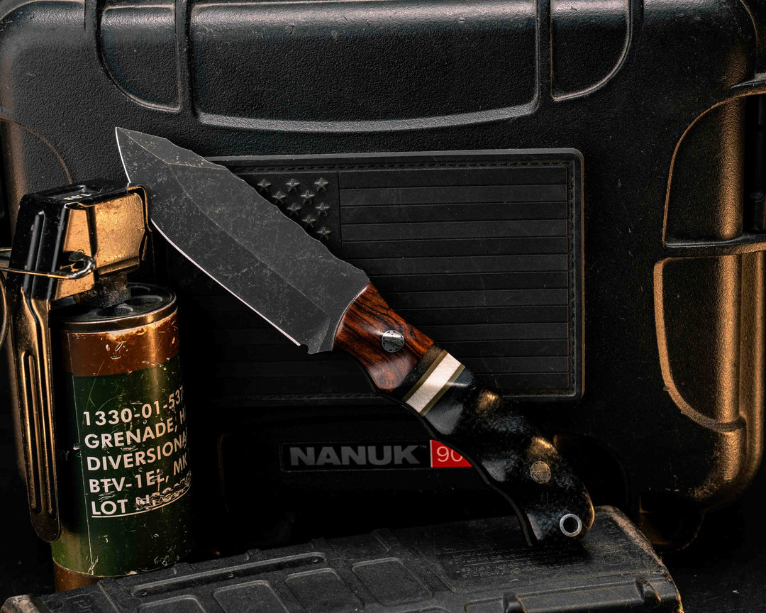 Disaster Cub- Desert Ironwood,Black Canvas Micarta, OD Green G10 and White G10 Split, Black Burlap Micarta, Mosaic Pins, Aluminum Lanyard Pin, Textured Grip