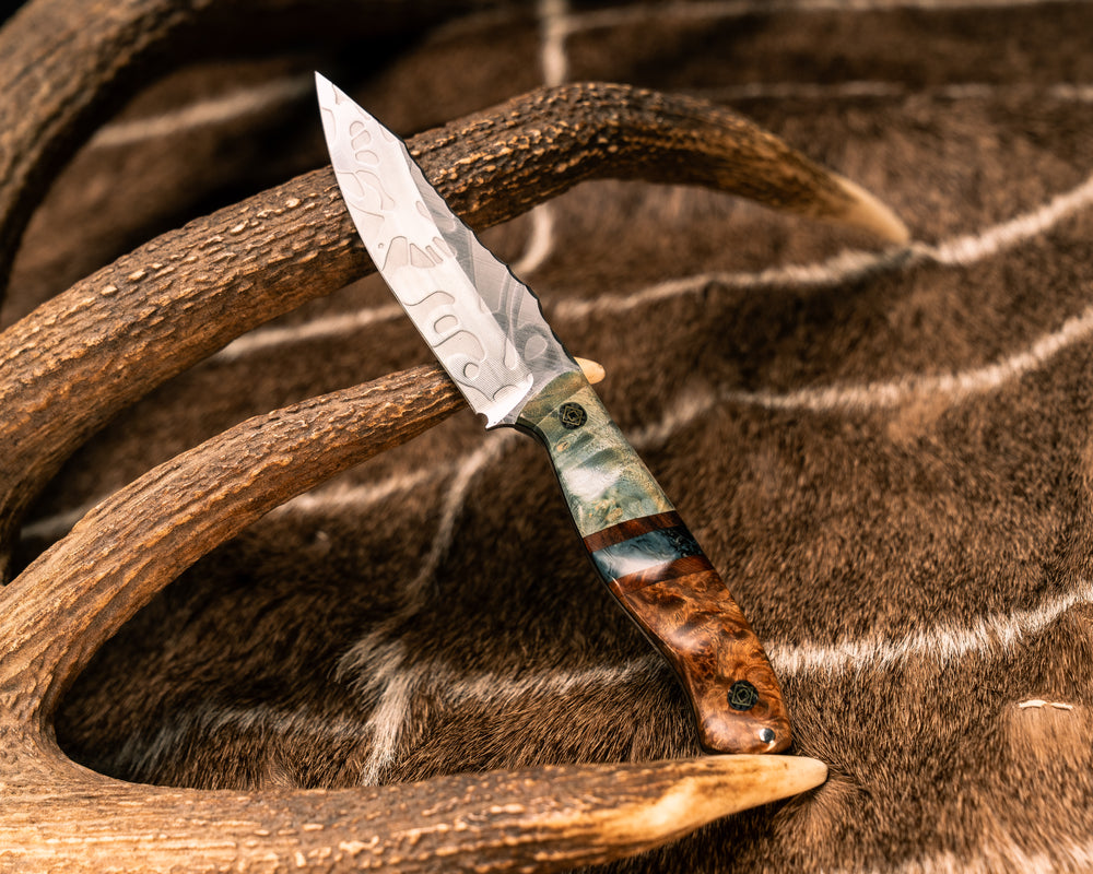 Field Knife Jr- Dyed Buckeye Burl, Desert Ironwood and Blue, White and Black Swirl Resin Split, Afzelia Burl, Mosaic Pins, Textured Grip