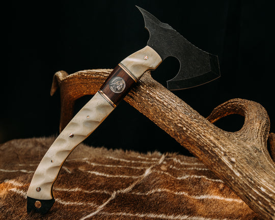 Warbird- Giraffe Bone, Black G10, Brass, Blue G10, White G10 and Cherry G10 Pin Striping, Desert Ironwood, 1937 ATX Engraving Headdress Buffalo Nickel Inlay, Mosaic Pins, 1/8" Mosaic Pins, Textured Grip
