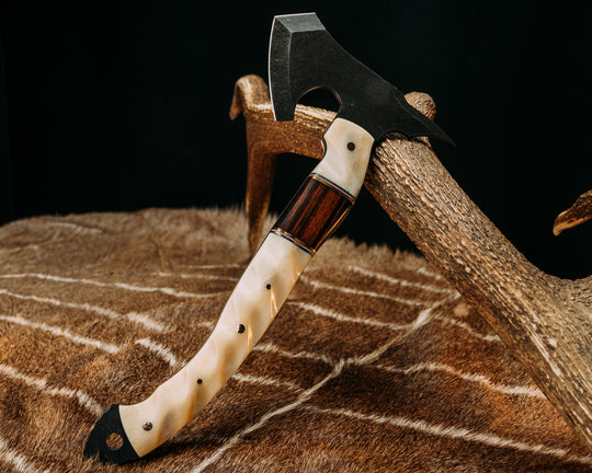 Warbird- Giraffe Bone, Black G10, Brass, Blue G10, White G10 and Cherry G10 Pin Striping, Desert Ironwood, 1937 ATX Engraving Headdress Buffalo Nickel Inlay, Mosaic Pins, 1/8" Mosaic Pins, Textured Grip