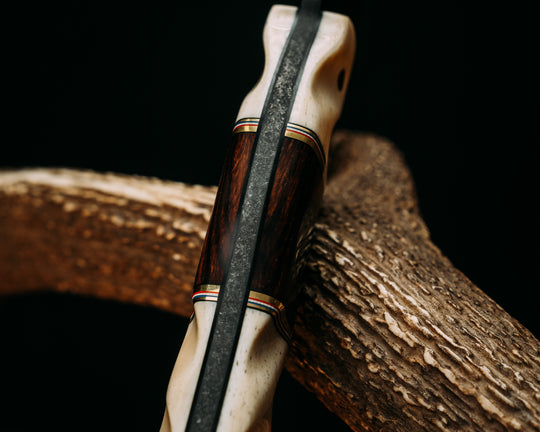 Warbird- Giraffe Bone, Black G10, Brass, Blue G10, White G10 and Cherry G10 Pin Striping, Desert Ironwood, 1937 ATX Engraving Headdress Buffalo Nickel Inlay, Mosaic Pins, 1/8" Mosaic Pins, Textured Grip