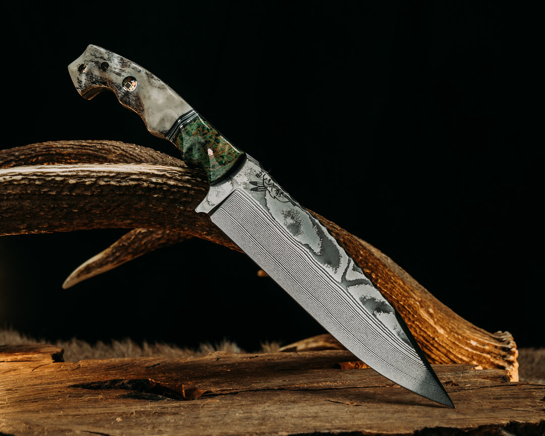 Ranch Knife- Baker Forge Wavy Pattern Damascus- Green Calceon, Black G10, OD Green G10, Aluminum, White G10 and Forest Green G10 Split, Elk antler, Mosaic Pins, 3/8" Mosaic Pin, Textured Grip