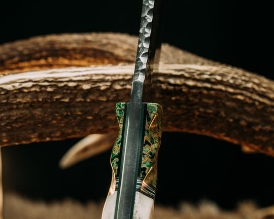 Ranch Knife- Baker Forge Wavy Pattern Damascus- Green Calceon, Black G10, OD Green G10, Aluminum, White G10 and Forest Green G10 Split, Elk antler, Mosaic Pins, 3/8" Mosaic Pin, Textured Grip