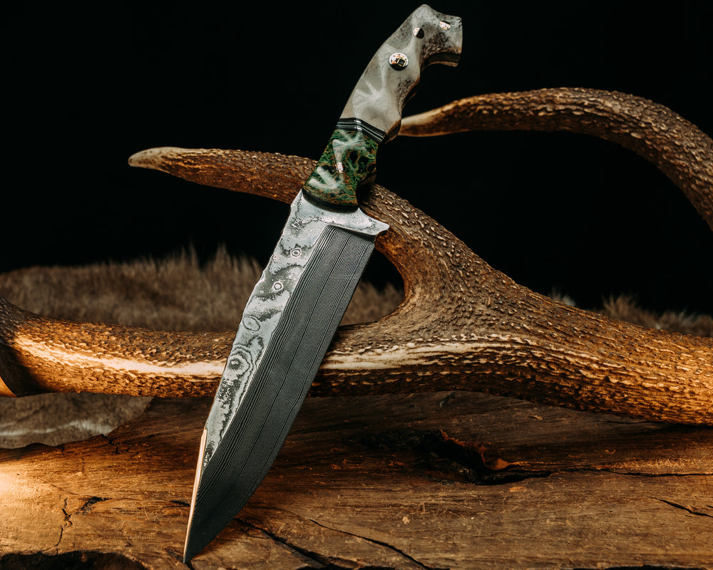 Ranch Knife- Baker Forge Wavy Pattern Damascus- Green Calceon, Black G10, OD Green G10, Aluminum, White G10 and Forest Green G10 Split, Elk antler, Mosaic Pins, 3/8" Mosaic Pin, Textured Grip