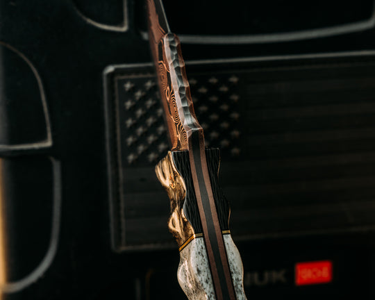 Disaster Cub- Baker Forge Raindrop CopperMai- Carbon Fiber, Black G10 and Brass Split, Elk Antler, Mosaic Pins, Brass Lanyard Pin, Textured Grip