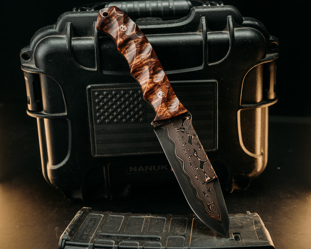 Disaster Breacher- Baker Forge Raindrop CopperMai- Hawaiian Curly Koa, Copper Patriot Mosaic Pins, Copper Lanyard Pin, Textured Grip