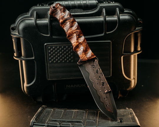Disaster Breacher- Baker Forge Raindrop CopperMai- Hawaiian Curly Koa, Copper Patriot Mosaic Pins, Copper Lanyard Pin, Textured Grip